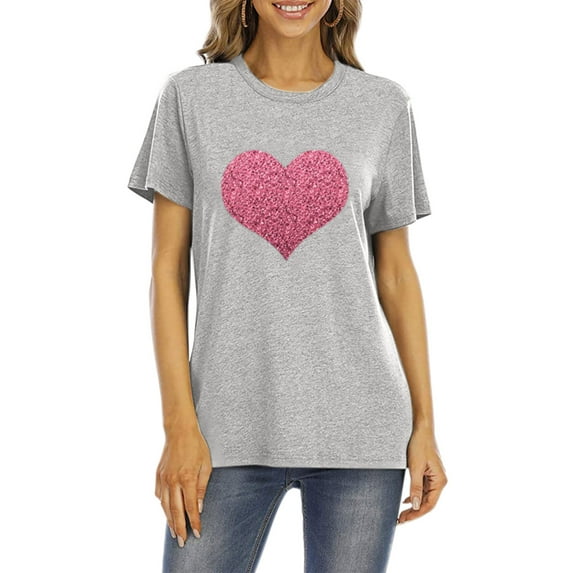 Patlollav Women T-Shirt Glittery Heart Graphic Valentines Day Short Sleeve Tees Tops