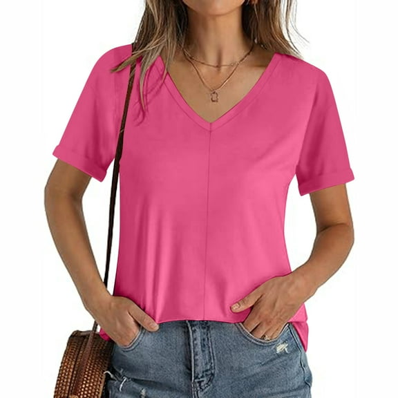 Patlollav Women Tees Under $10,Short Sleeve Tops for Women V Neck Solid Summer Tshirts Seamed Rolled Sleeve Shirts Casual Tops