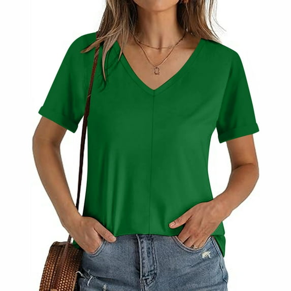 Patlollav Women Tees Under $10,Short Sleeve Tops for Women V Neck Solid Summer Tshirts Seamed Rolled Sleeve Shirts Casual Tops