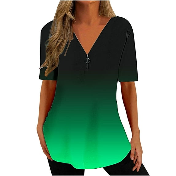 Patlollav Women Tees Under $10,Summer Tops for Women's New Spring V-Neck Zipper Gradient Print Blouse Short-Sleeve V-Neck Shirt