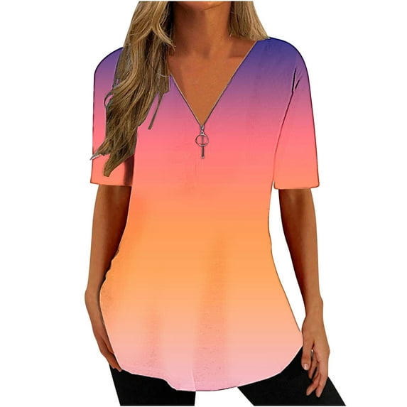 Patlollav Women Tees Under $10,Summer Tops for Women's New Spring V-Neck Zipper Gradient Print Blouse Short-Sleeve V-Neck Shirt
