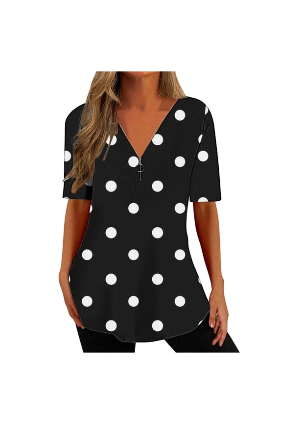 Women Tees Under $10,Summer Tops for Women's New Spring V-Neck Zipper Polka Dot Print Blouse Short-Sleeve V-Neck Shirt