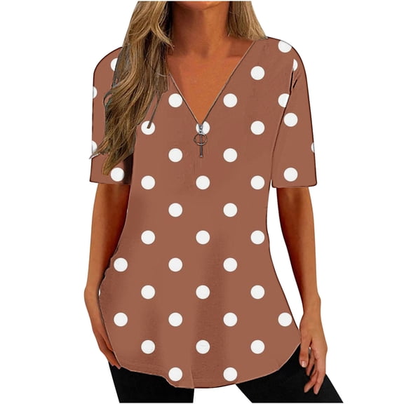 Patlollav Women Tees Under $10,Summer Tops for Women's New Spring V-Neck Zipper Polka Dot Print Blouse Short-Sleeve V-Neck Shirt