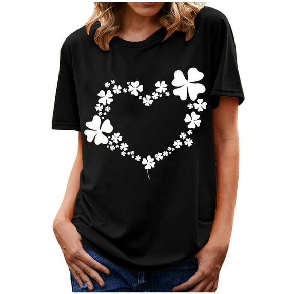 Patlollav Women Tees Under $10,Women's St. Patrick'S Day T-Shirt Four Leaf Clover Heart Print Round Neck Short Sleeve Casual Tops
