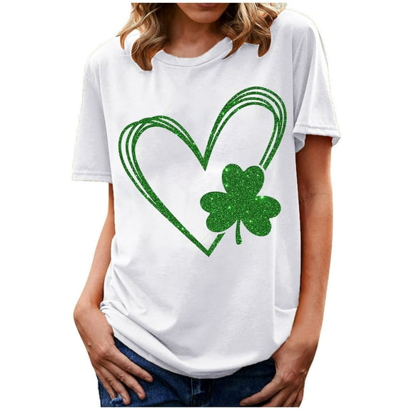 Patlollav Women Tees Under $10,Women's St. Patrick'S Day T-Shirt Shamrock Heart Print Round Neck Short Sleeve Casual Tops