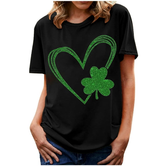 Patlollav Women Tees Under $10,Women's St. Patrick'S Day T-Shirt Shamrock Heart Print Round Neck Short Sleeve Casual Tops