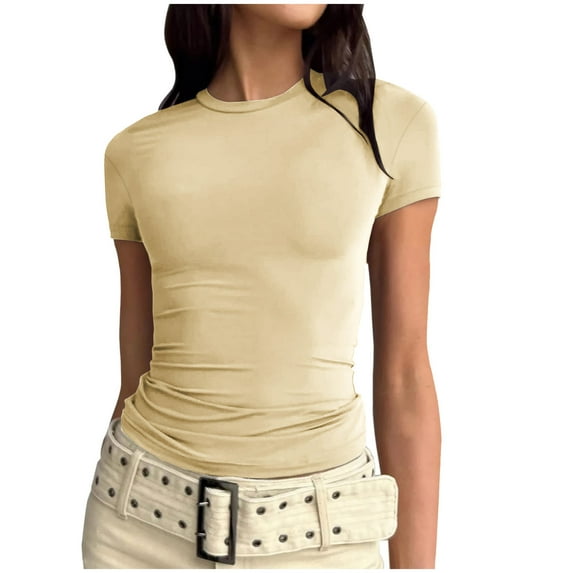 Patlollav Women Tees Under $10,Women's Versatile Tops Crewneck Solid Color Slim Short-Sleeve Pullover T-Shirt
