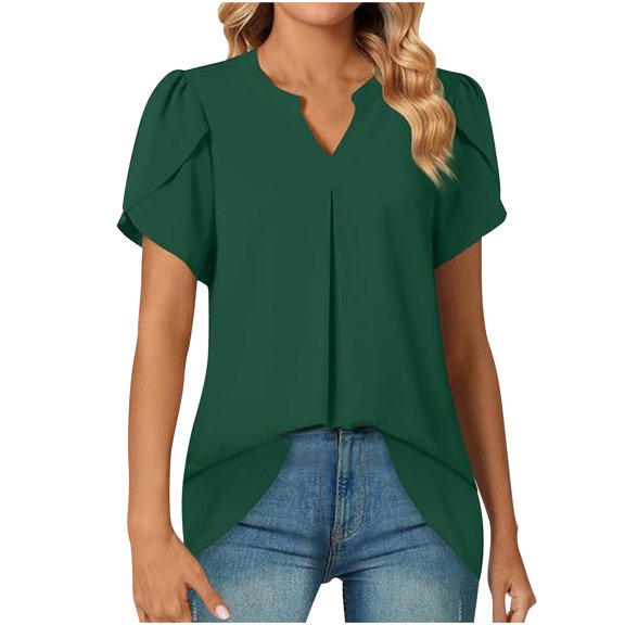 Patlollav Women Tees Under $10, Tops for Women Short Sleeve Solid Comfortable Breathable V-Neck Blouses Shirt