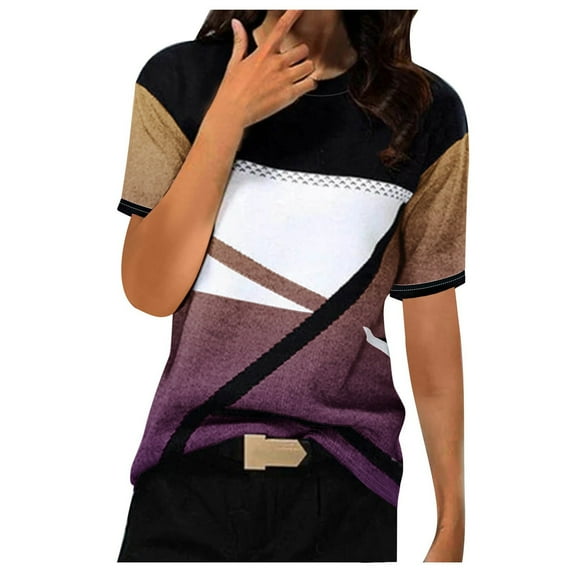 Patlollav Women Tees Under $10, Tops for Women's Casual Geometry Print T-Shirt Short Sleeve Blouse Round Neck Loose Shirts