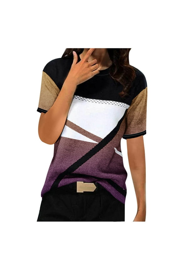 Women Tees Under $10, Tops for Women's Casual Geometry Print T-Shirt Short Sleeve Blouse Round Neck Loose Shirts