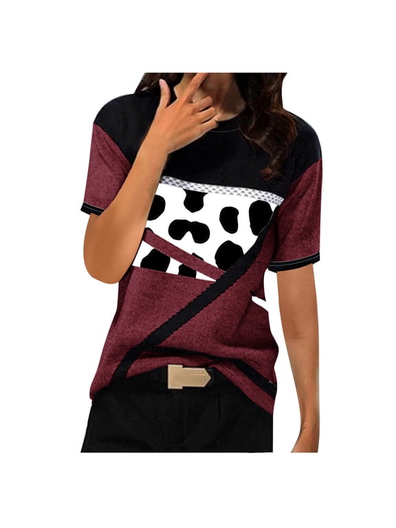 Patlollav Women Tees Under $10, Tops for Women's Casual Geometry Print T-Shirt Short Sleeve Blouse Round Neck Loose Shirts