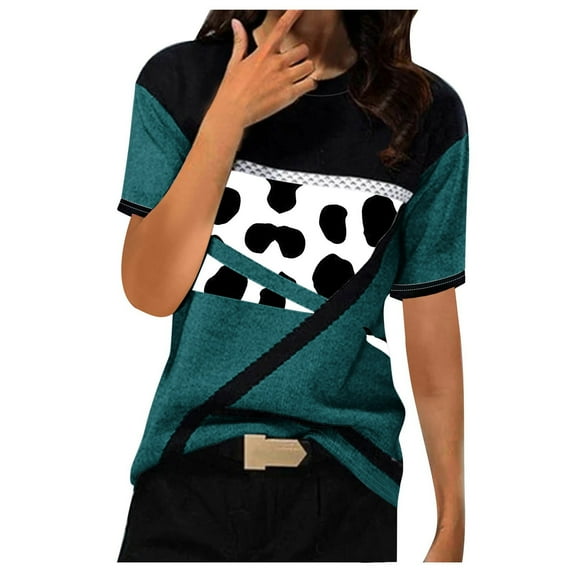Patlollav Women Tees Under $10, Tops for Women's Casual Geometry Print T-Shirt Short Sleeve Blouse Round Neck Loose Shirts