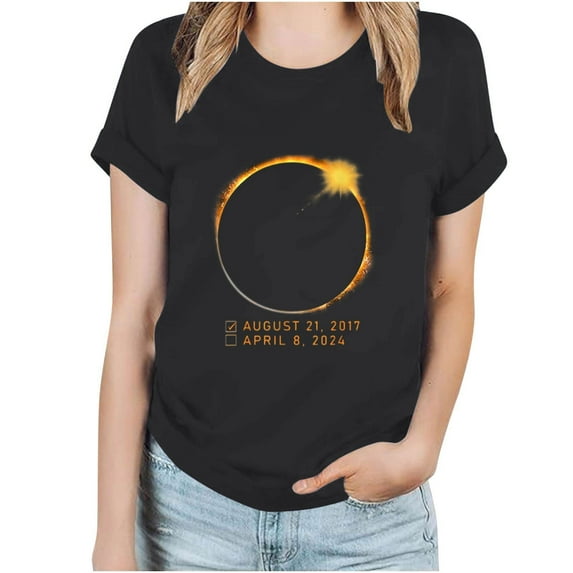 Patlollav Women Tees Under $10, Total Solar Eclipse Print T-Shirt for Women Round Neck Short Sleeve Black White Red Gray Tops