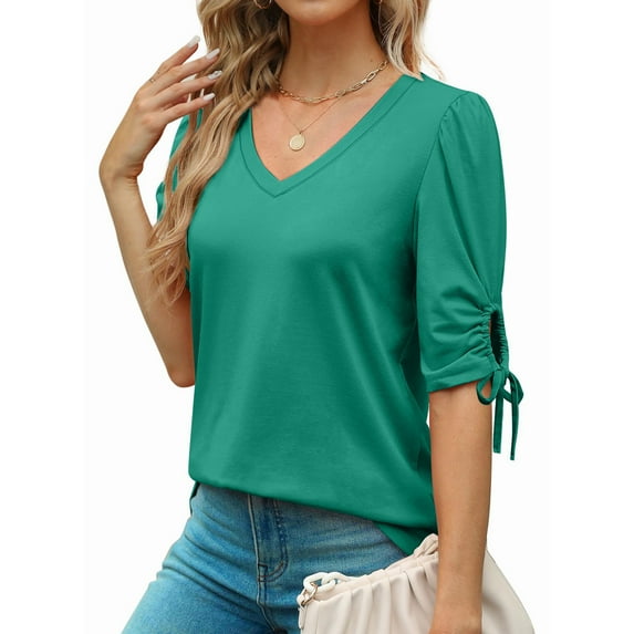 Patlollav Women Tees Under $10, Women's Mid Sleeve Tops Summer Solid Color V-Neck Casual Blouses Shirts