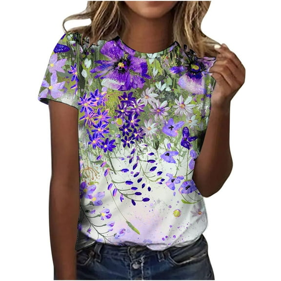 Patlollav Women Tees Under $10, Womens Summer Tops Regular Casual Short Sleeve Flower Print Round Neck Pullover Blouse