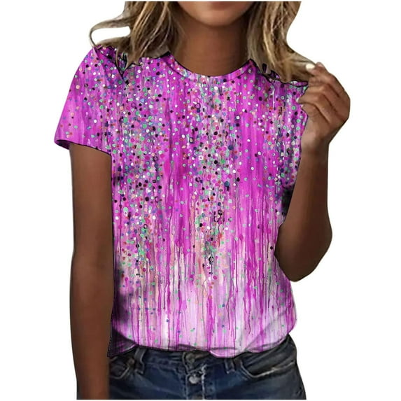 Patlollav Women Tees Under $10, Womens Summer Tops Regular Casual Short Sleeve Flower Print Round Neck Pullover Blouse
