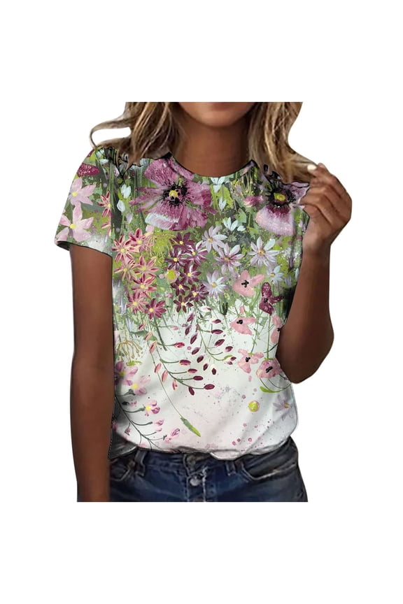 Patlollav Women Tees Under $10, Womens Summer Tops Regular Casual Short Sleeve Flower Print Round Neck Pullover Blouse
