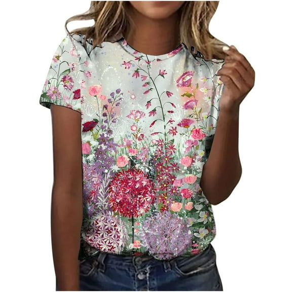 Patlollav Women Tees Under $10, Womens Summer Tops Regular Casual Short Sleeve Flower Print Round Neck Pullover Blouse