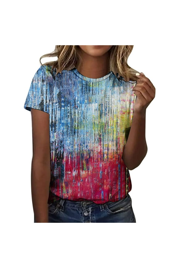 Women Tees Under $10, Womens Summer Tops Regular Casual Short Sleeve Flower Print Round Neck Pullover Blouse