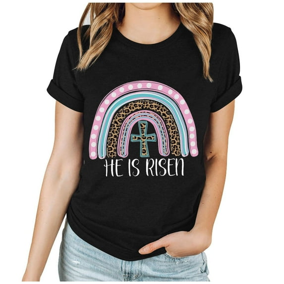 Patlollav Women Tshirts Under $10, Easter Womens Tops Short Sleeve Colorful Print Round Neck Casual Summer Shirts