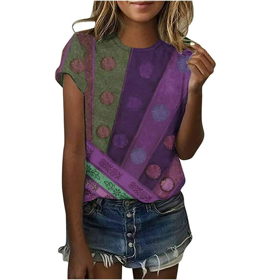 Patlollav Women Tshirts Under $10, Tops for Women Fashion Casual Vintage Print Short Sleeve Round-Neck Pullover Blouse T-Shirt