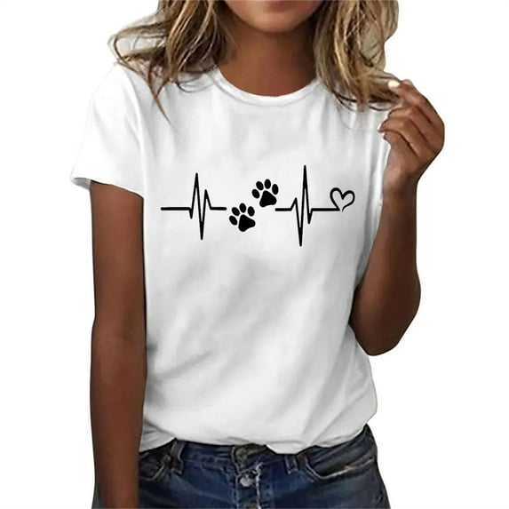 Patlollav Women Tshirts Under $10, Women Summer Short Sleeve Tops Dog Paw Ekg Print Regular Casual Round Neck T Shirt