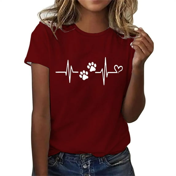 Patlollav Women Tshirts Under $10, Women Summer Short Sleeve Tops Dog Paw Ekg Print Regular Casual Round Neck T Shirt