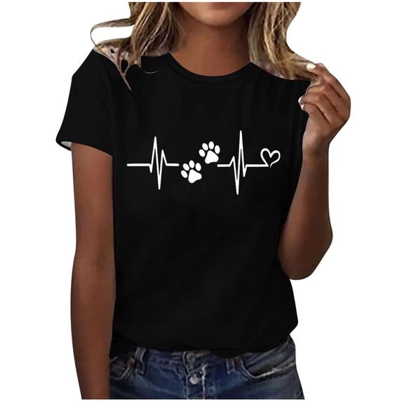 Patlollav Women Tshirts Under $10, Women Summer Short Sleeve Tops Dog Paw Ekg Print Regular Casual Round Neck T Shirt
