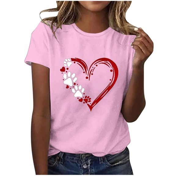 Patlollav Women Tshirts Under $10, Women Summer Short Sleeve Tops Dog Paw Heart Print Regular Casual Round Neck T Shirt