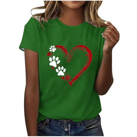 Patlollav Women Tshirts Under $10, Women Summer Short Sleeve Tops Dog Paw Heart Print Regular Casual Round Neck T Shirt