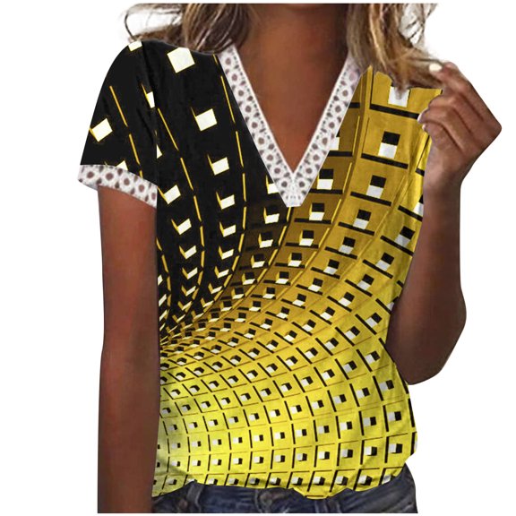 Patlollav Women Tshirts Under $10, Women's Summer Tops V-Neck Lace Patchwork Printed Short Sleeve Casual Blouse S-Xxxl