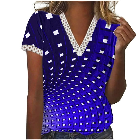 Patlollav Women Tshirts Under $10, Women's Summer Tops V-Neck Lace Patchwork Printed Short Sleeve Casual Blouse S-Xxxl
