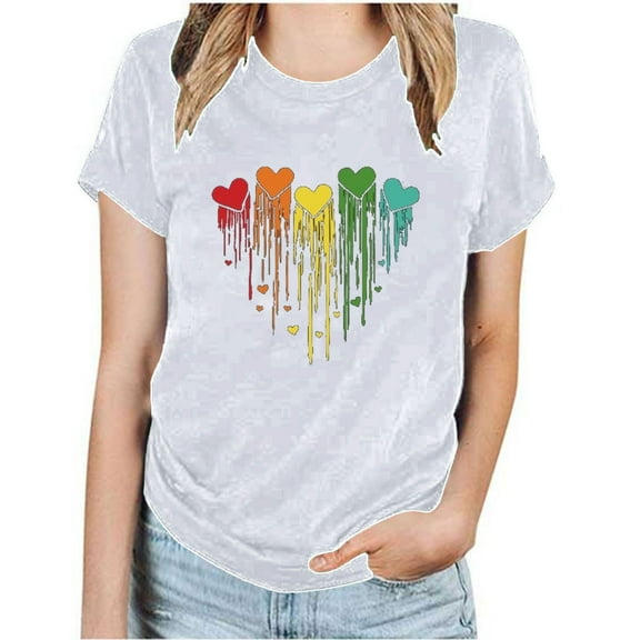 Patlollav Women Tshirts Under $10, Womens Short Sleeve Tops Rainbow Moon Heart Print Casual Round-Neck Blouse T-Shirt