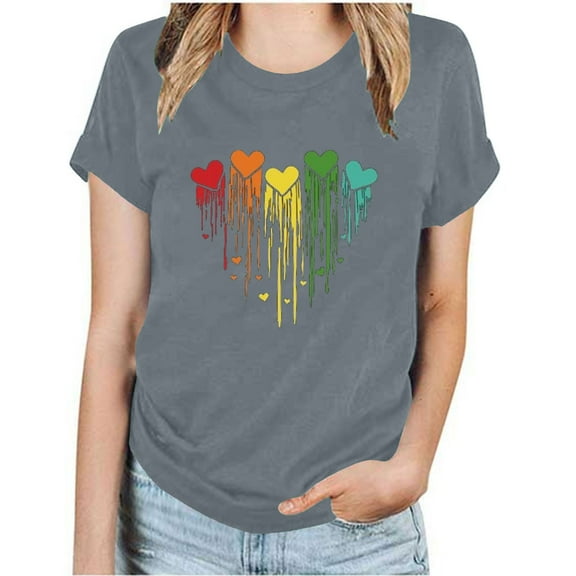 Patlollav Women Tshirts Under $10, Womens Short Sleeve Tops Rainbow Moon Heart Print Casual Round-Neck Blouse T-Shirt