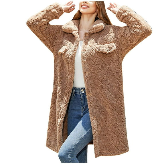 Patlollav Women Winter Coat Long Sleeve Solid Single-Breasted Diamond Oversized Jacket