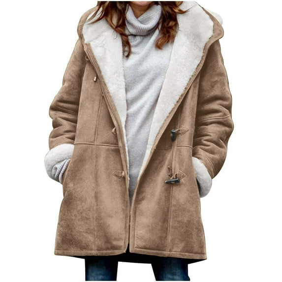 Patlollav Women Winter Plus Velvet Coat Solid Long Sleeve Horn Buckle Pocket Overcoat