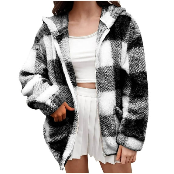 Patlollav Women's Fall Winter Coat Long-Sleeve Velvet Zipper Plaid Hooded Jacket