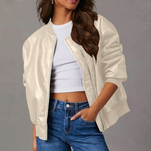 Patlollav Women's Leather Short Biker Jacket Coat Long Sleeve Solid Pocket Coat/Jacket