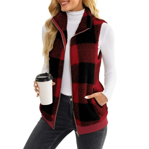 Patlollav Women's Plaid Print Cardigans Open Front Sleeveless Plush Coat Tops