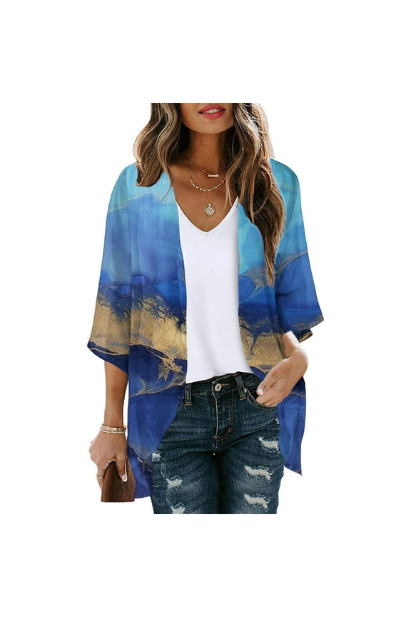 Patlollav Womens Cardigan Jacket Fall Summer 3/4 Sleeve Printed Casual Tops Blouse with Pocket