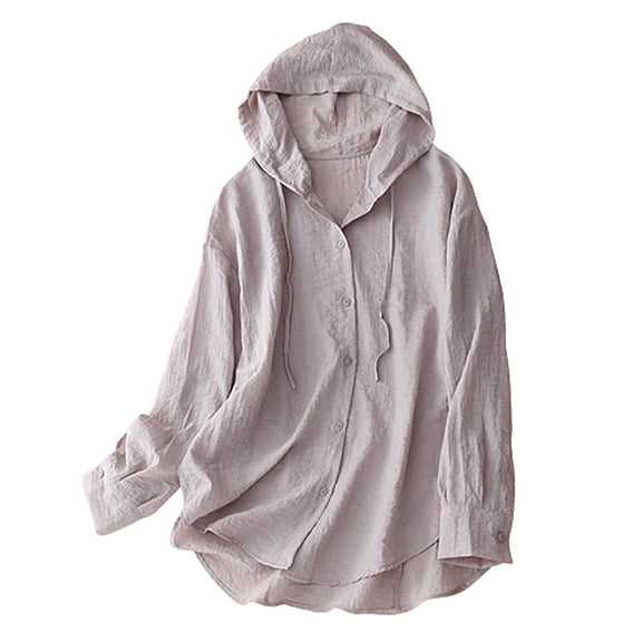 Patlollav Womens Cotton Linen Cover Up Sun Protection Hooded Long Sleeve Button Blouse Upf Lightweight Drawstring Beach Top