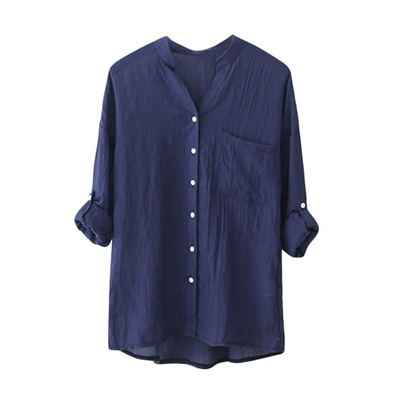 Patlollav Womens Solid Cotton and Linen 3/4 3/4 Sleeve Tops Button Cardigan V-Neck Tops/Shirt