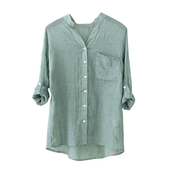 Patlollav Womens Solid Cotton and Linen 3/4 3/4 Sleeve Tops Button Cardigan V-Neck Tops/Shirt
