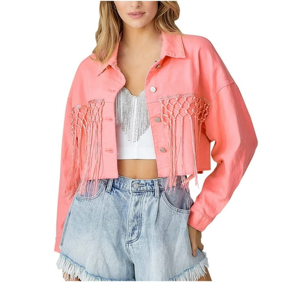 Patlollav Women's Winter Coats Lapel Sequin Long Sleeve Tassel Jacket