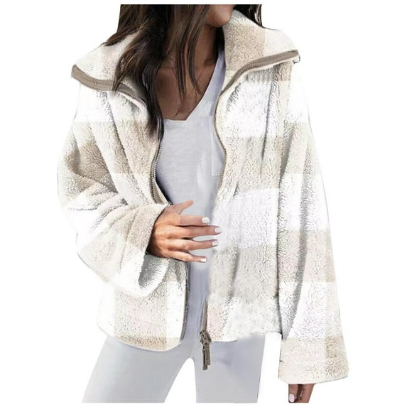 Patlollav Womens 2022 Fall/Winter Double Sided Plush Plaid Jacket Plus Size White XXL
