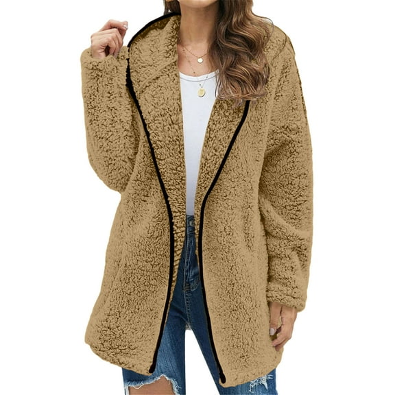Patlollav Womens Autumn/Winter Hooded Solid Color Lapel Plush Coat Tops