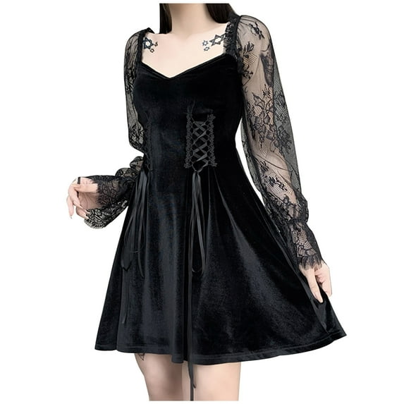 Patlollav Womens Bandage Perspective Lace A-Line Long Sleeve Solid Dress