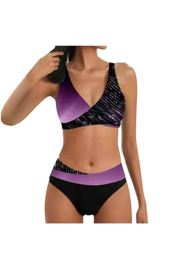 Womens Bikini Sets High Waisted Sporty Two Piece Swimsuits Color Block Cheeky High Cut Bathing Suits