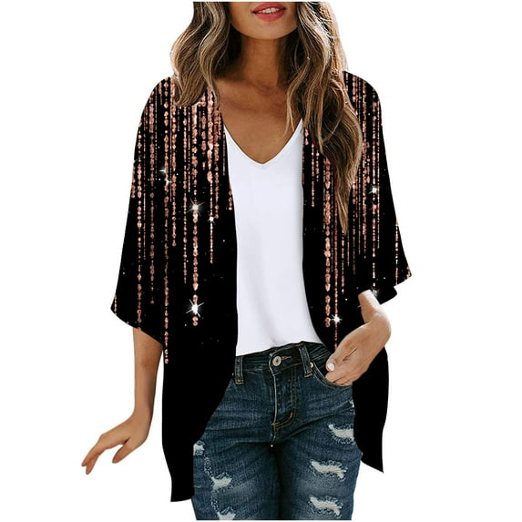 Patlollav Womens Black Cardigan Fall Summer 3/4 Sleeve Printed Casual Tops Blouse with Pocket