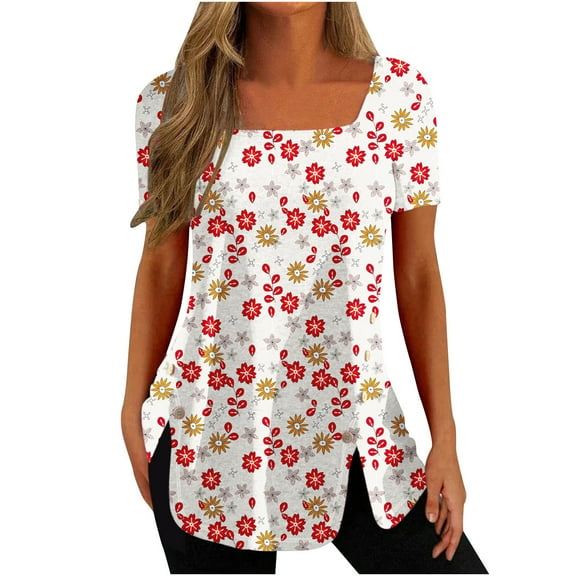 Patlollav Womens Blouses Print Square Neck Short Sleeve Buttons Tops
